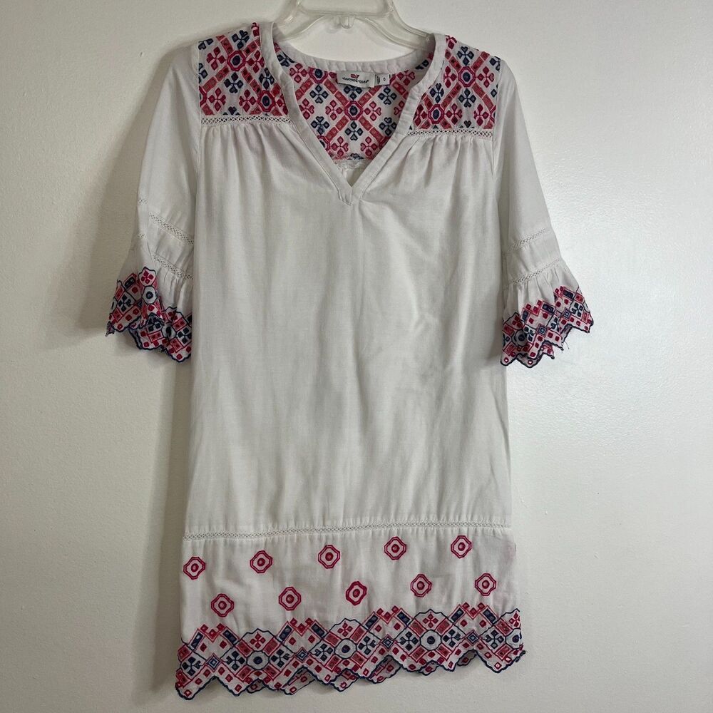 Vineyard Vines White Multi Colored Embroidered Eyelet Shift Cotton Mini Dress 0